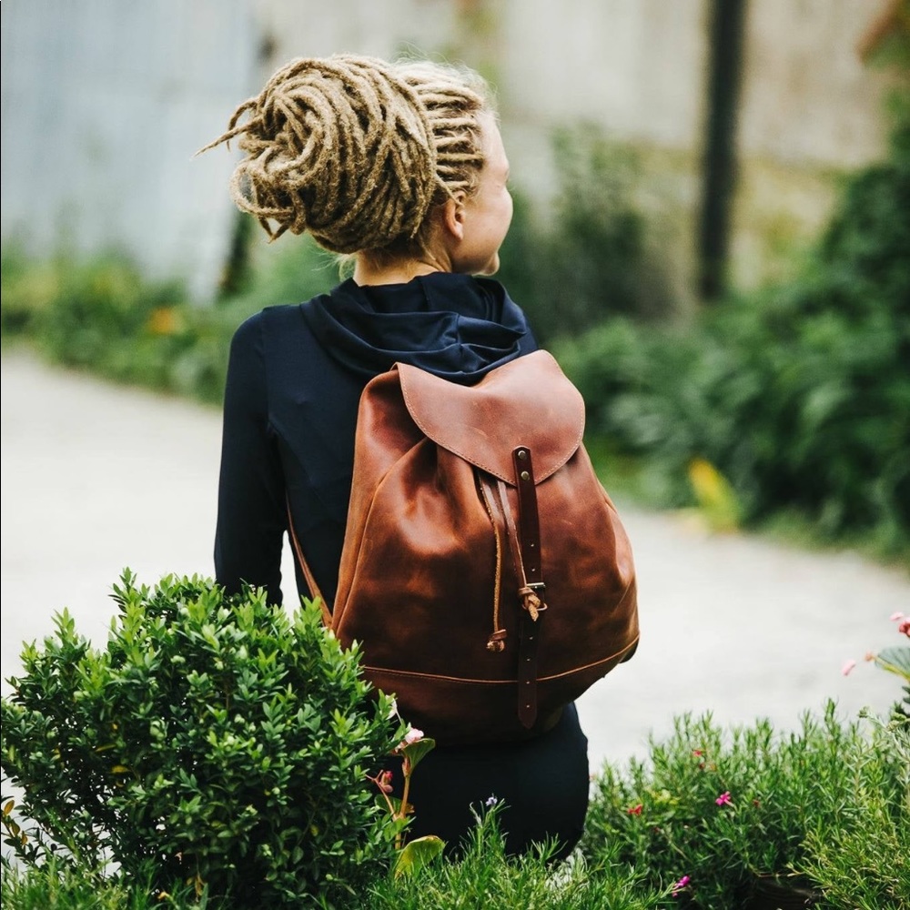 Women's Leather Drawstring Backpack in Cognac Brown - Picture 2 of 7
